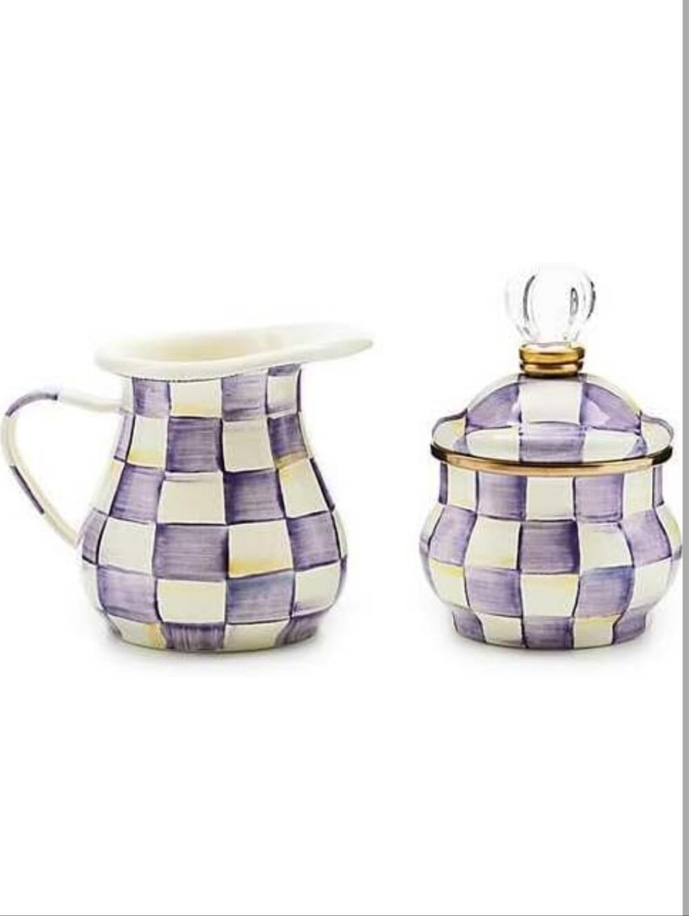 New MacKenzie-Childs Creamer and Sugar-Bowl Set, Purple-and-White Violet Check